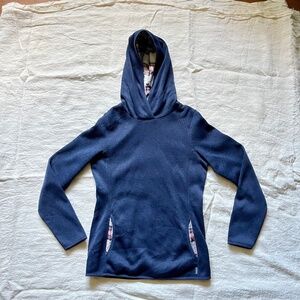 Eddie Bauer Women's Woven Navy Pullover Sweater w/ Plaid Lining and Hood